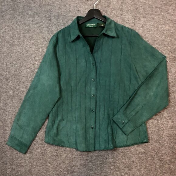 Lemon Grass Womens L Blouse VTG Microsuede Green L/SLV Pleated Lined Button Up - Picture 1 of 12